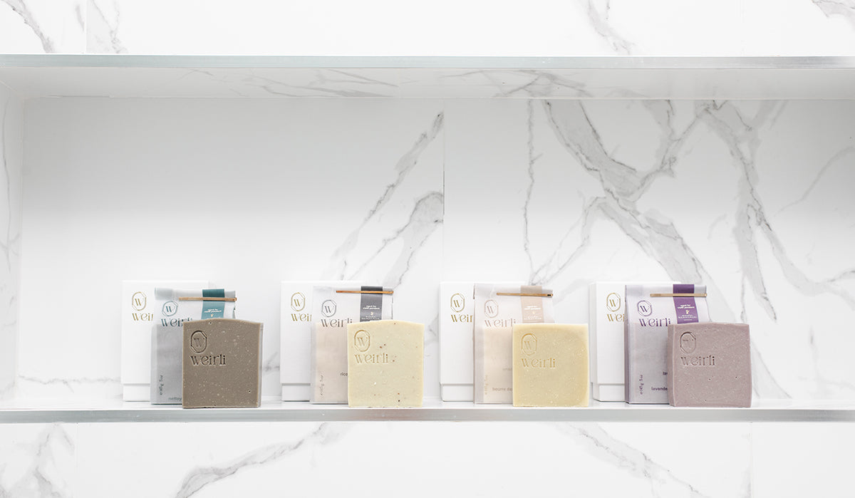 145g Weirli soap squares in a shower niche