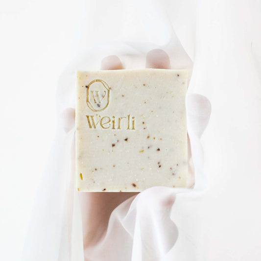 Weirli Rice and Black Pepper Soap Square on fabric